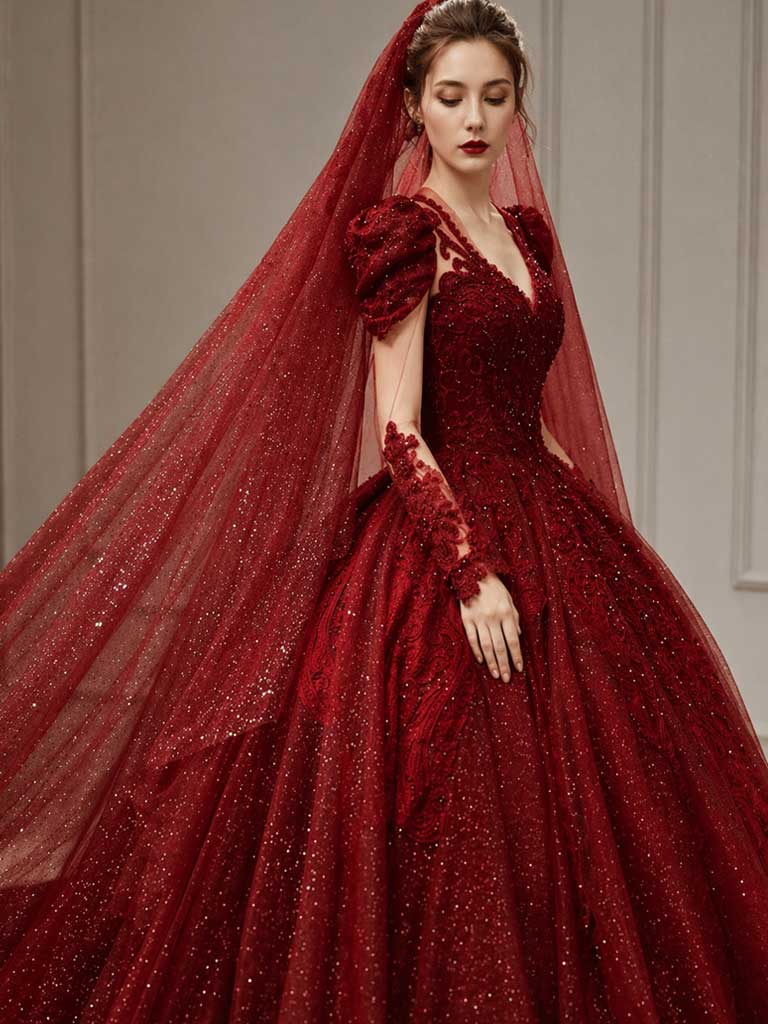 Rotes Brautkleid mit Schleier aus Tüll in A-Linie – elegante Brautmode von LAFANTA Schweiz
