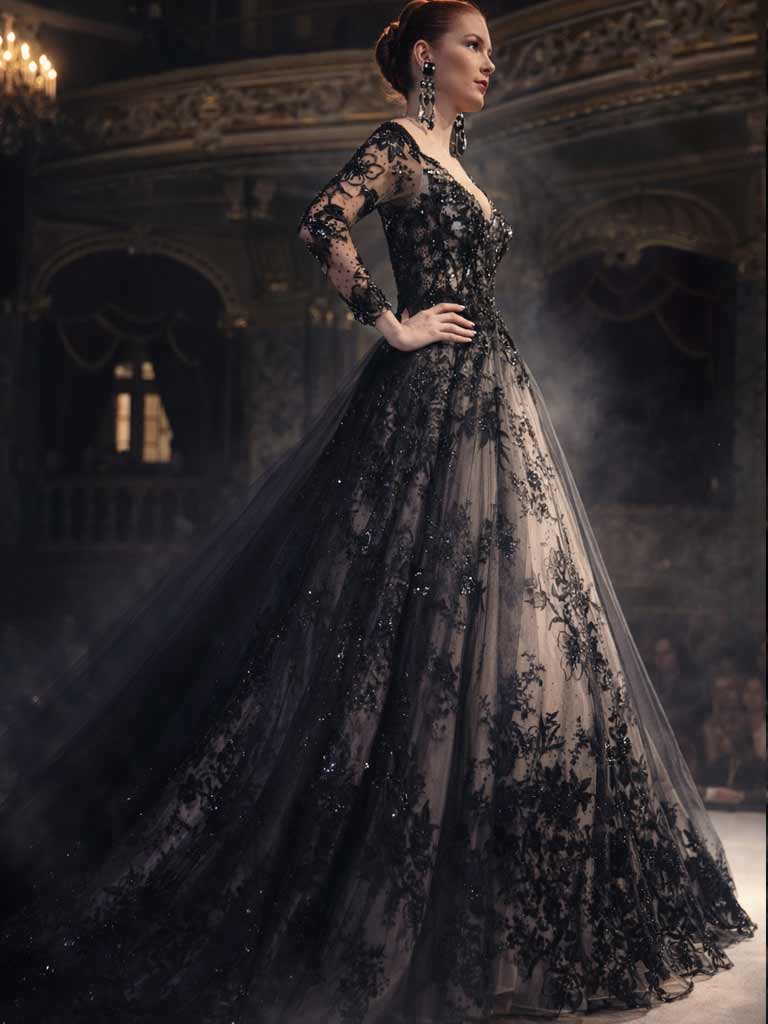 Exklusives schwarzes Brautkleid mit Spitze und langen Ärmeln von Lafanta Brautatelier Zürich, Schweiz.