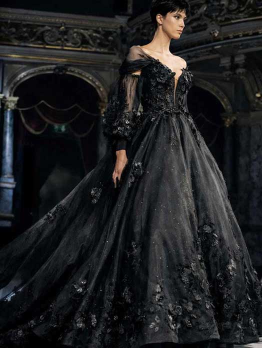Schwarzes Hochzeitskleid mit Spitze und langen Ärmeln, voluminöse Ballrobe für Bräute in der Schweiz